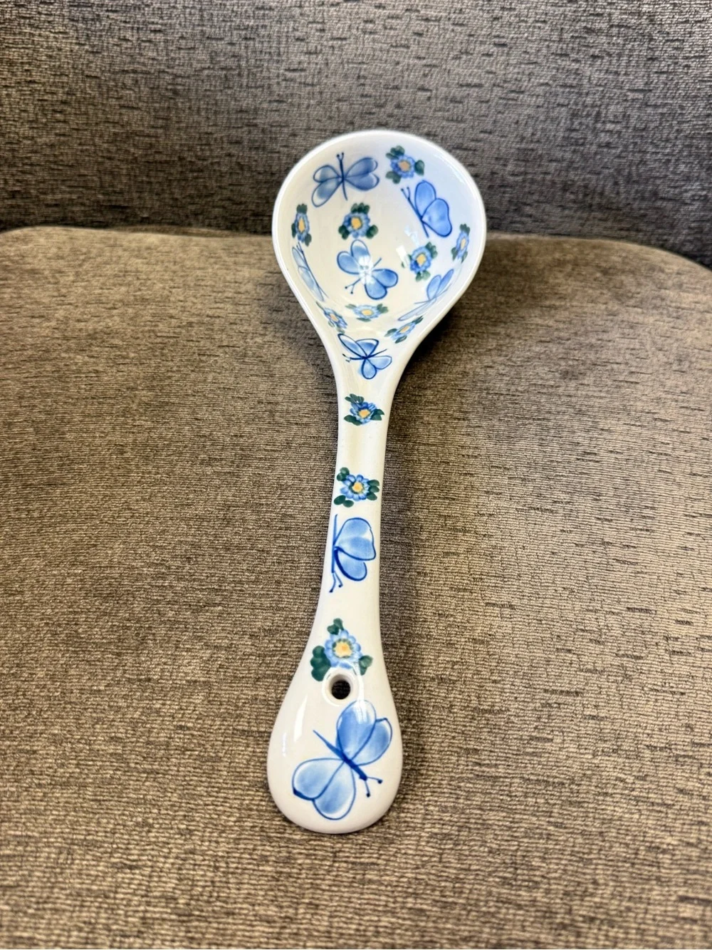 Polish Pottery Blue Butterfly & Floral Ceramic Large Ladle Signed A. Beszayi.